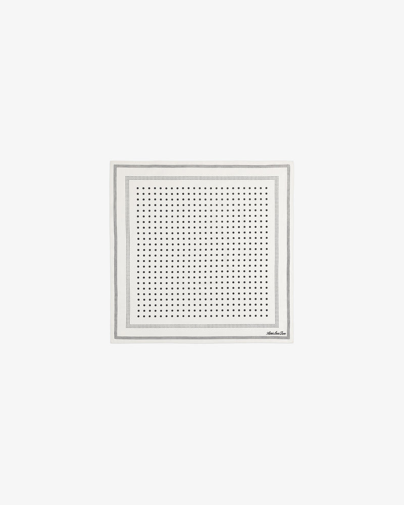 Polka Dot Bandana: White square scarf with small black dots and thin black borders around the edges.