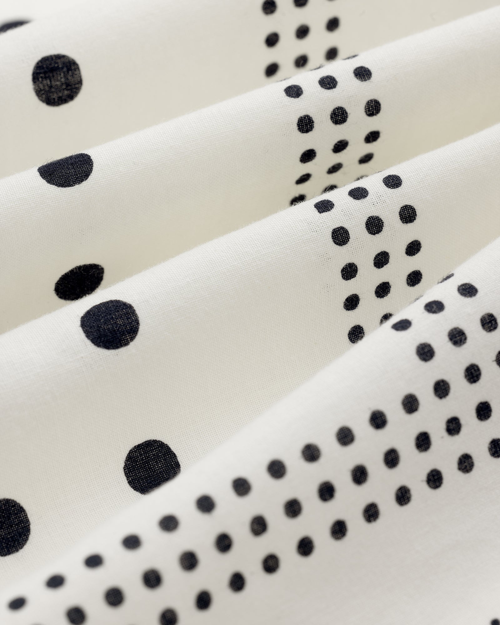 Polka Dot Bandana: White fabric with black dots in varied sizes, draped for soft vertical folds.