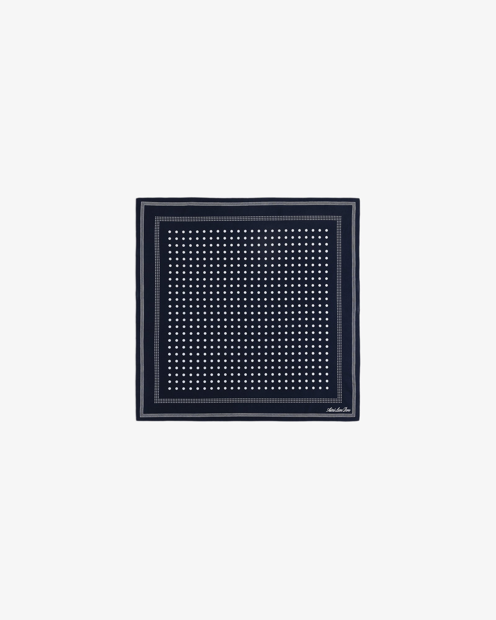 Polka Dot Bandana: Navy blue square scarf with white polka dots and a thin white border.