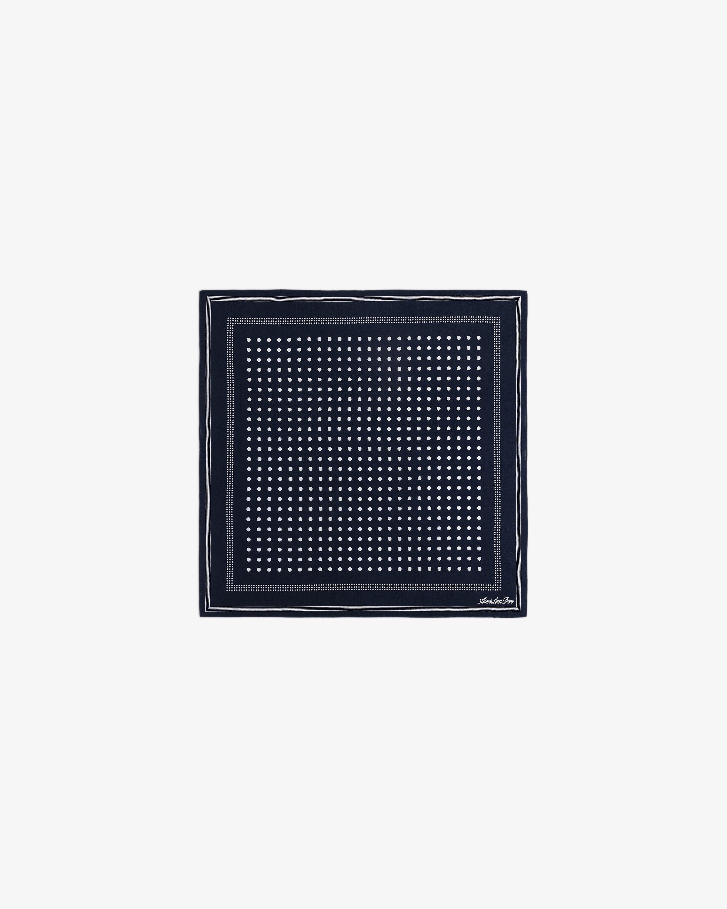 Polka Dot Bandana: Navy blue square scarf with white polka dots and a thin white border.