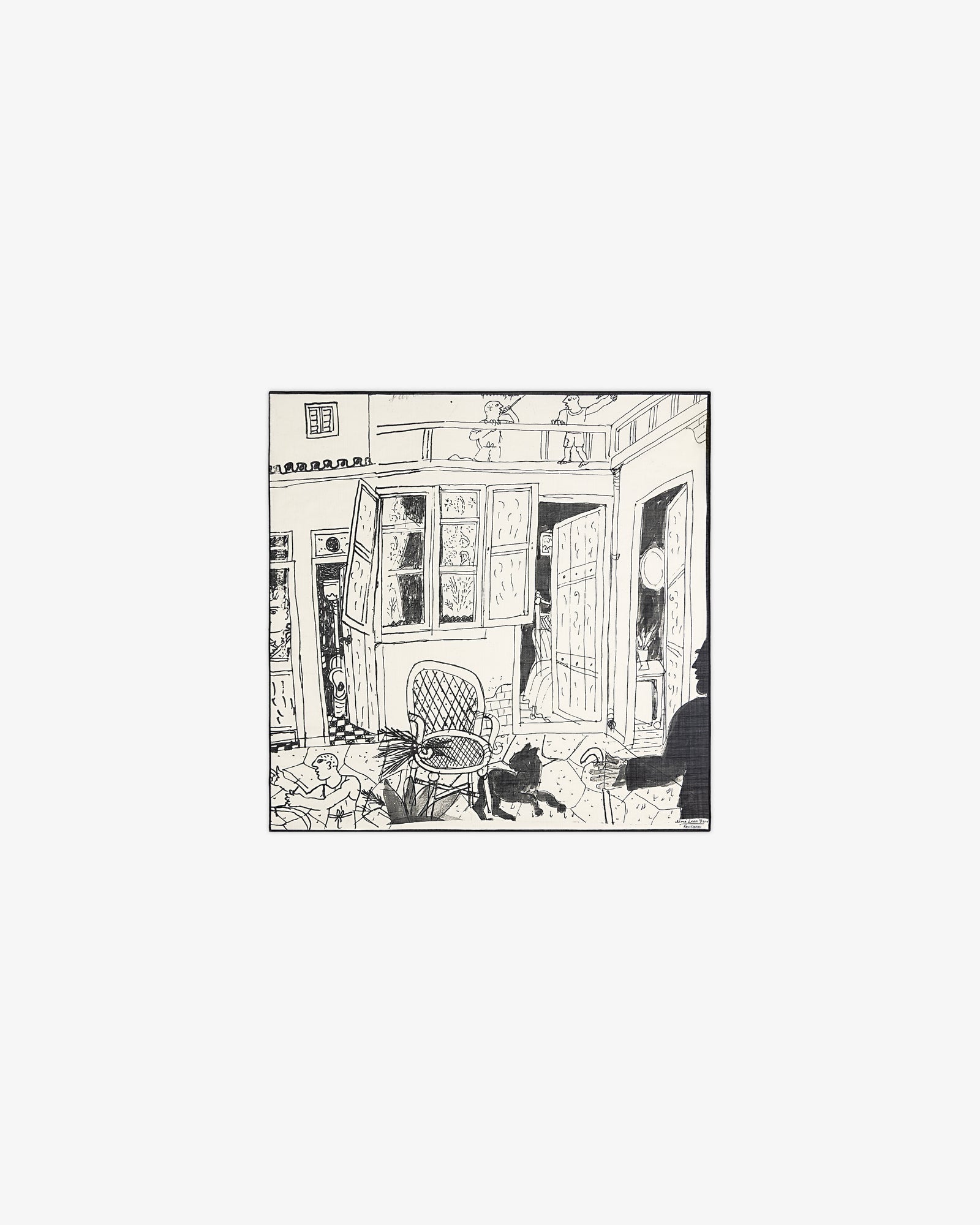 Line drawing on Fassianos Neighborhood Bandana: patio with open door, windows, chair, and two cats—one ground, one railing.