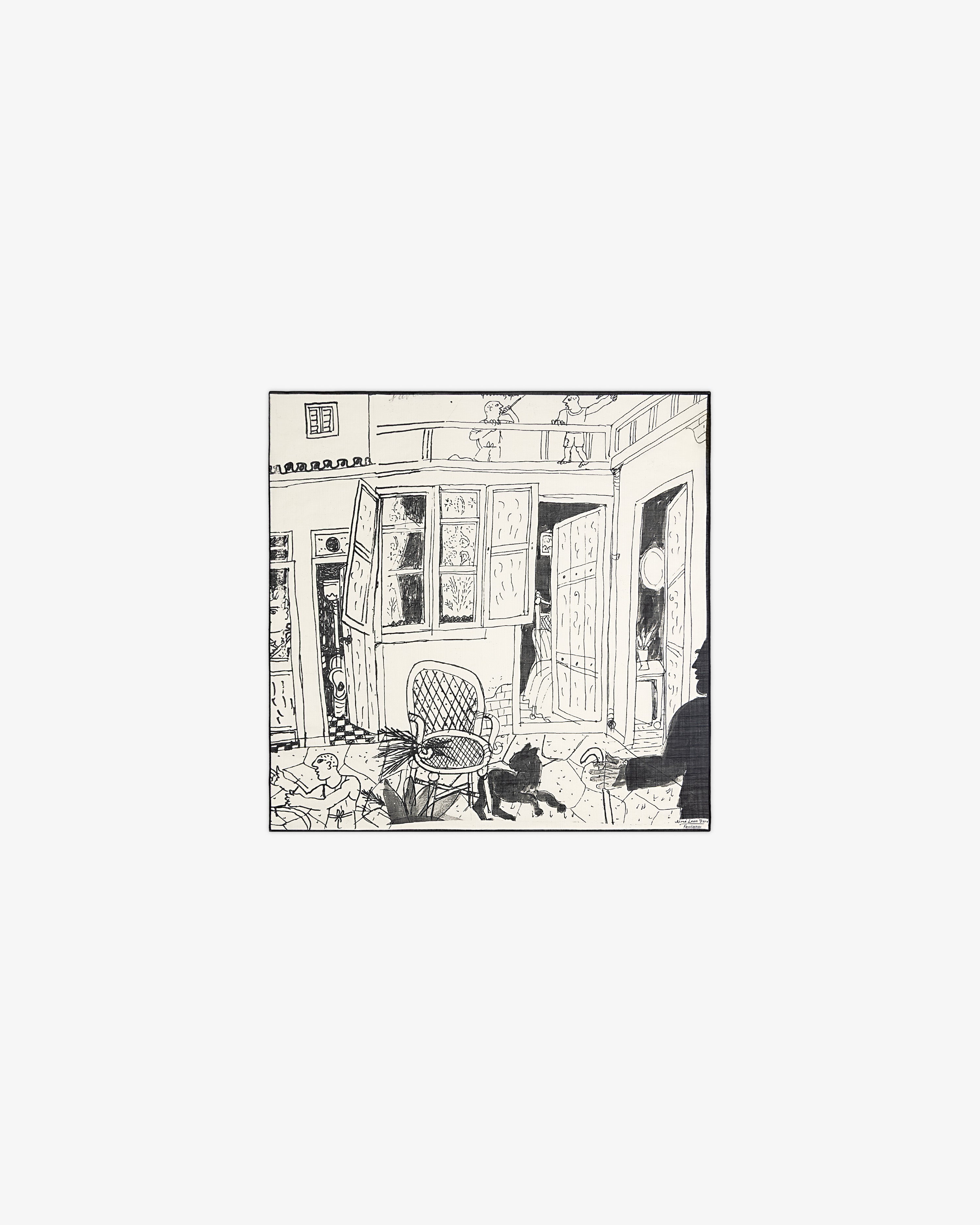 Line drawing on Fassianos Neighborhood Bandana: patio with open door, windows, chair, and two cats—one ground, one railing.