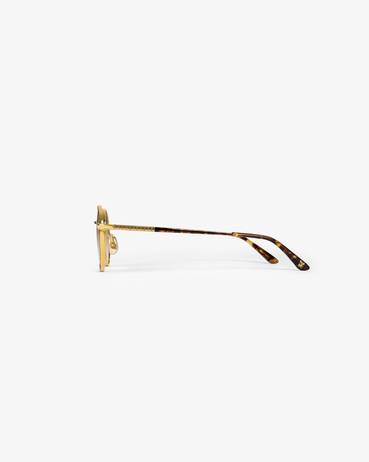 Side view of Giórgios Sunglasses with tortoiseshell frames, gold rims, and clear nose pads on a white background.