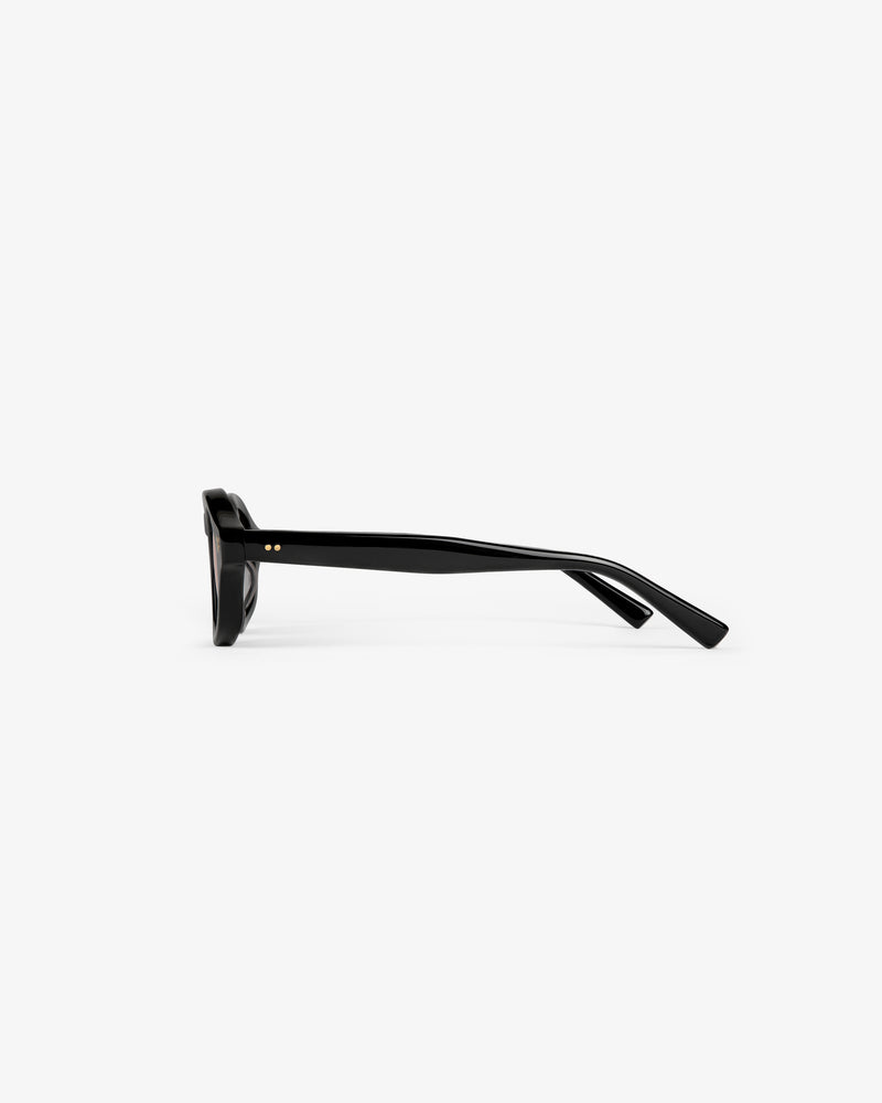 Side view of Onásis Sunglasses—black rectangular frames with thick arms, shown on a white background.