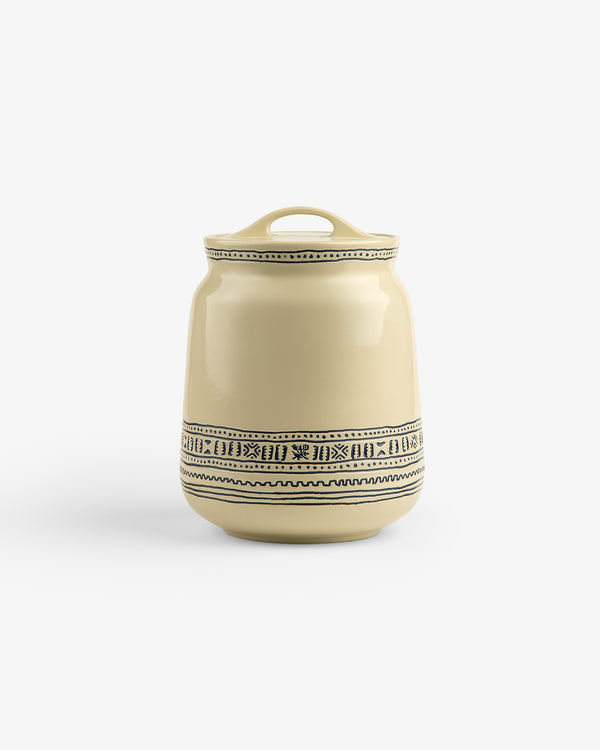 Textile Patterned Treat Jar—beige ceramic with lid, black geometric design around the middle, on white background.
