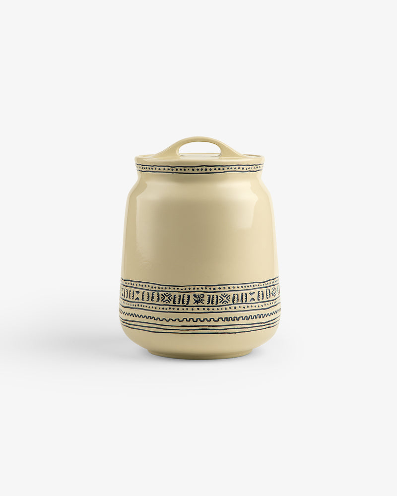 Textile Patterned Treat Jar—beige ceramic with lid, black geometric design around the middle, on white background.