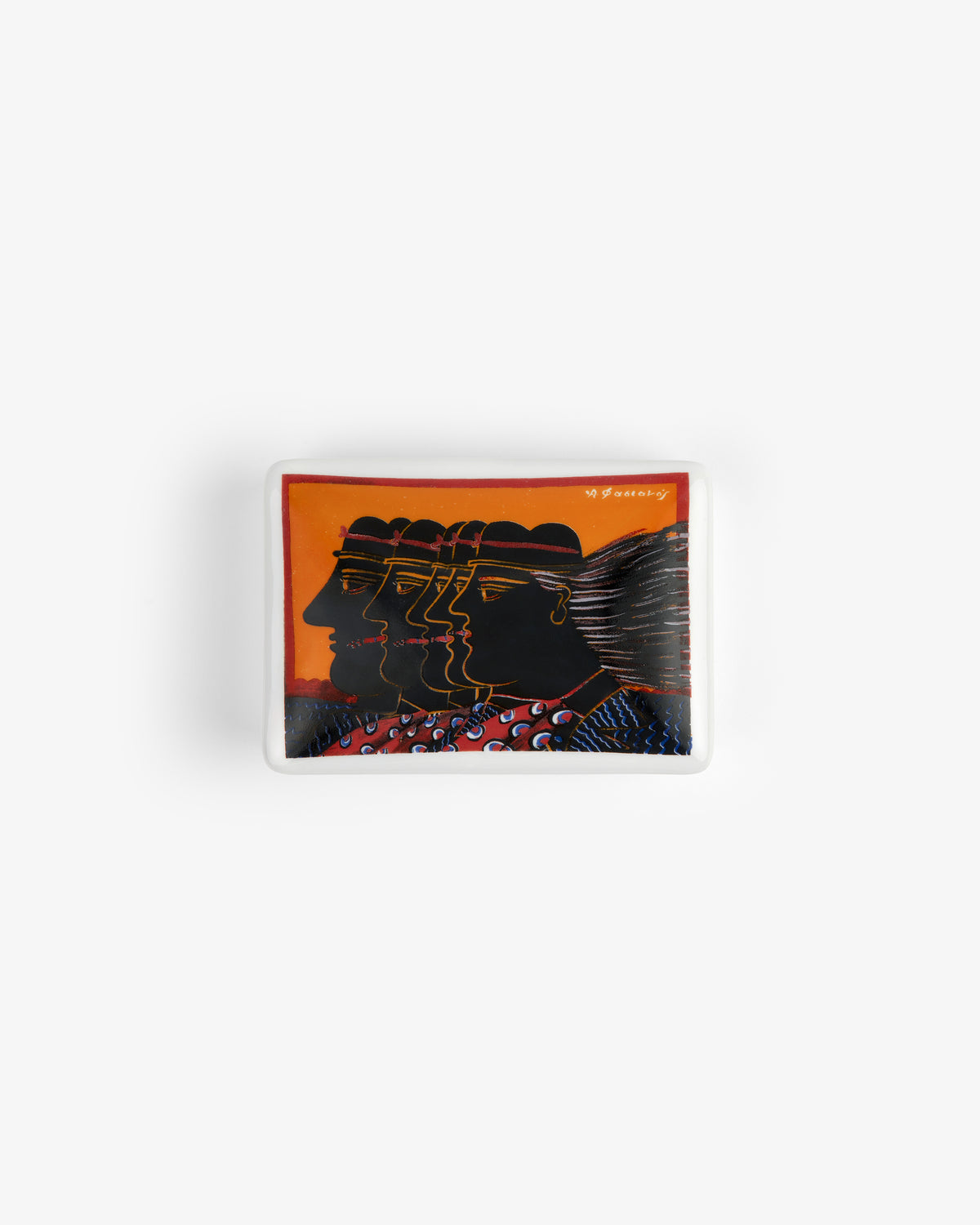 The Fassianos "Friendship" Card Box features black stylized profile faces on an orange background with decorative patterns.