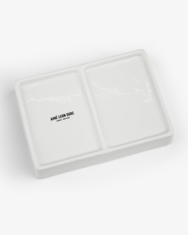 Fassianos "Friendship" Card Box: white rectangular ceramic tray with two sections, Aime Leon Dore text on one side.