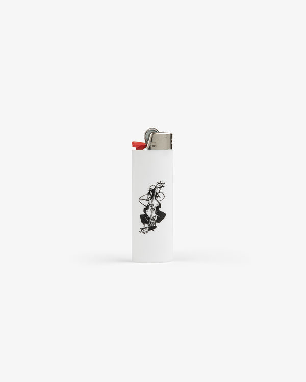Caricature Lighter: White with black cartoon dancing female graphic on the front, plain white background.