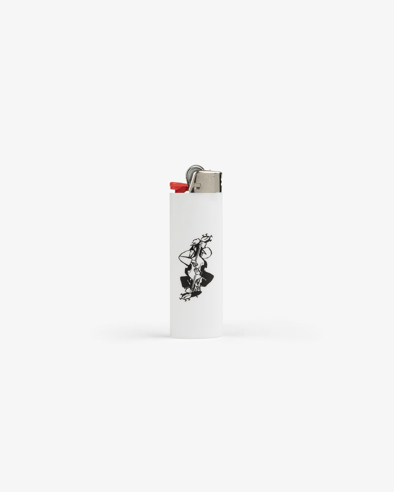 Caricature Lighter: White with black cartoon dancing female graphic on the front, plain white background.