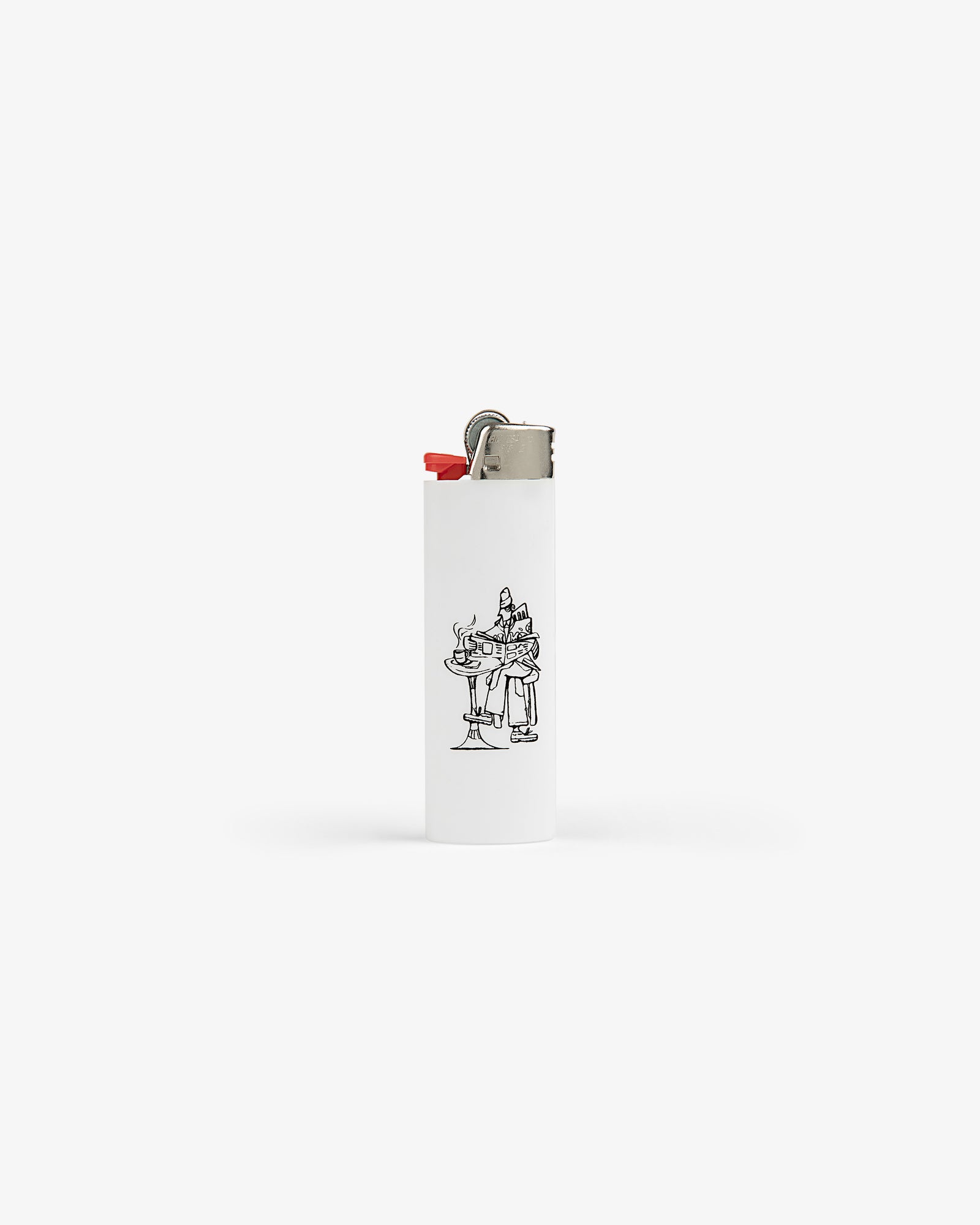 Caricature Lighter: white with a small black line drawing of two characters at a café table on the front.