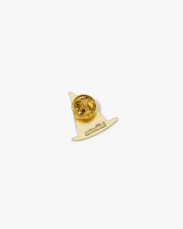 Graphic Pin shaped like a witch or wizard hat, shown from the back with a butterfly clutch fastener.