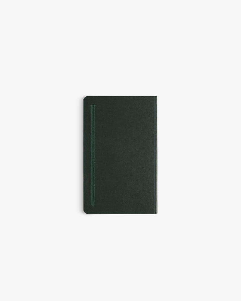 A dark green Crest Sketchbook with a matching vertical elastic band, centered on a white background.