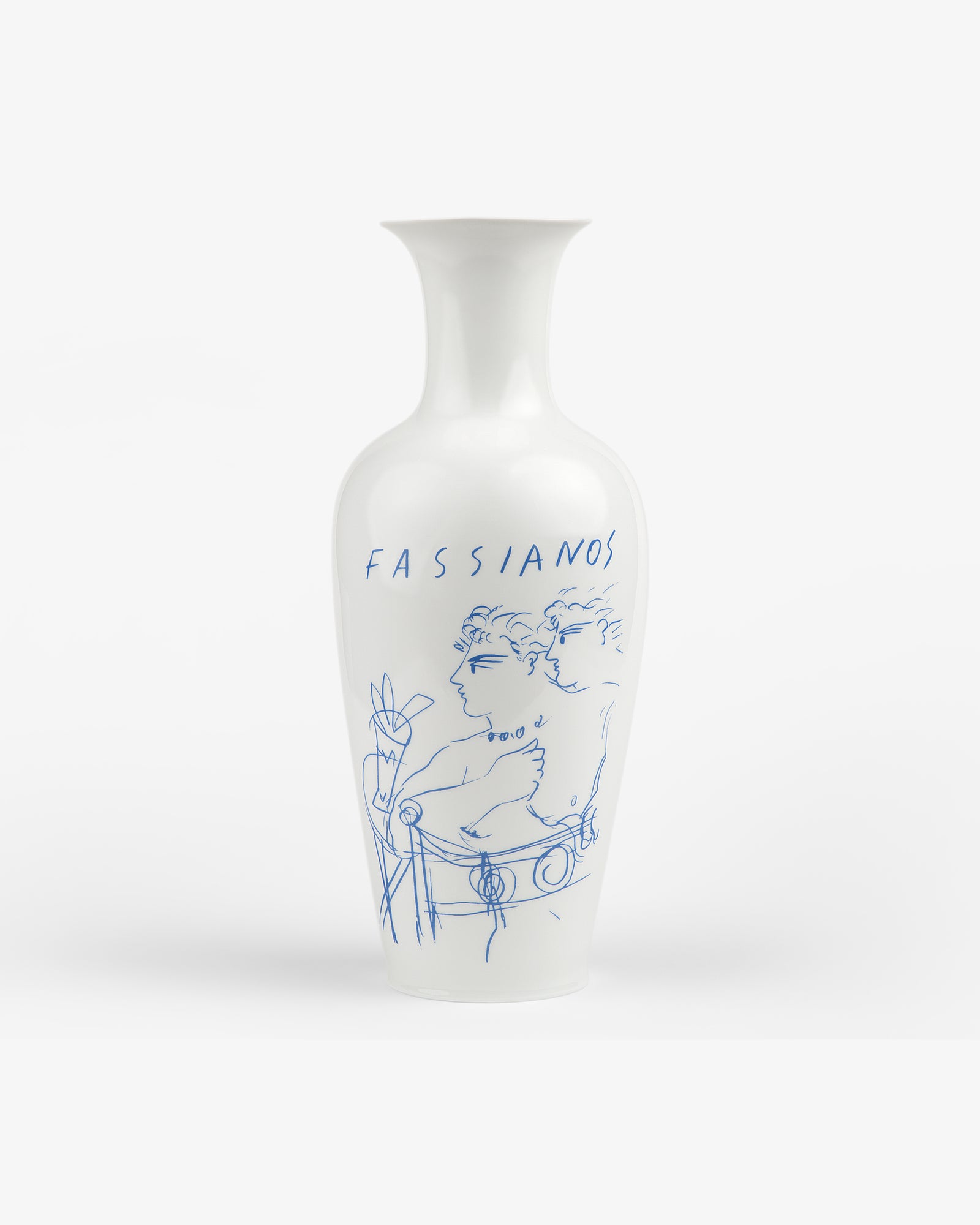 Fassianos "Rendez - Vouz" vase: white with blue line art of two figures, motifs, and FASSIANOS at the top.