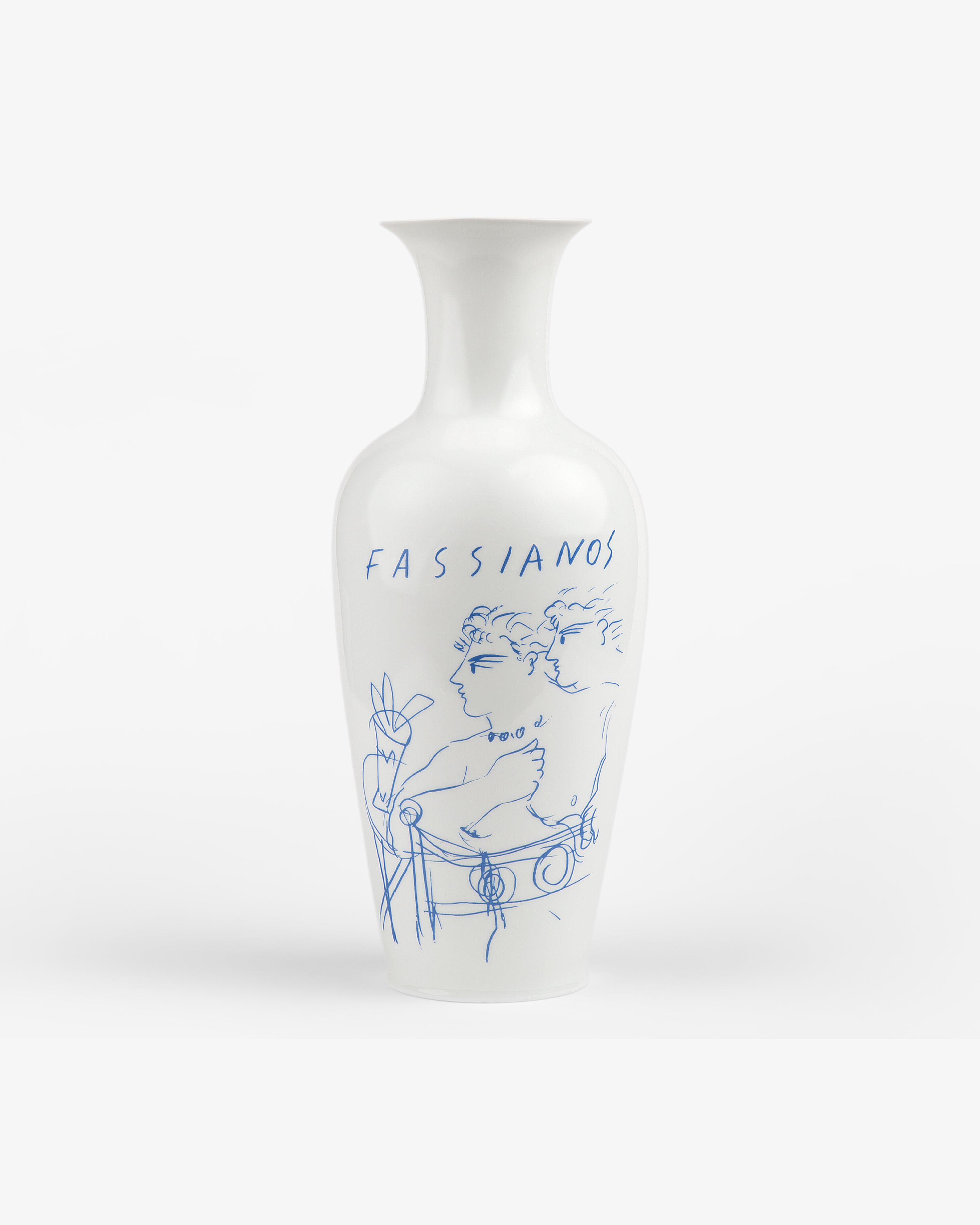 Fassianos "Rendez - Vouz" vase: white with blue line art of two figures, motifs, and FASSIANOS at the top.