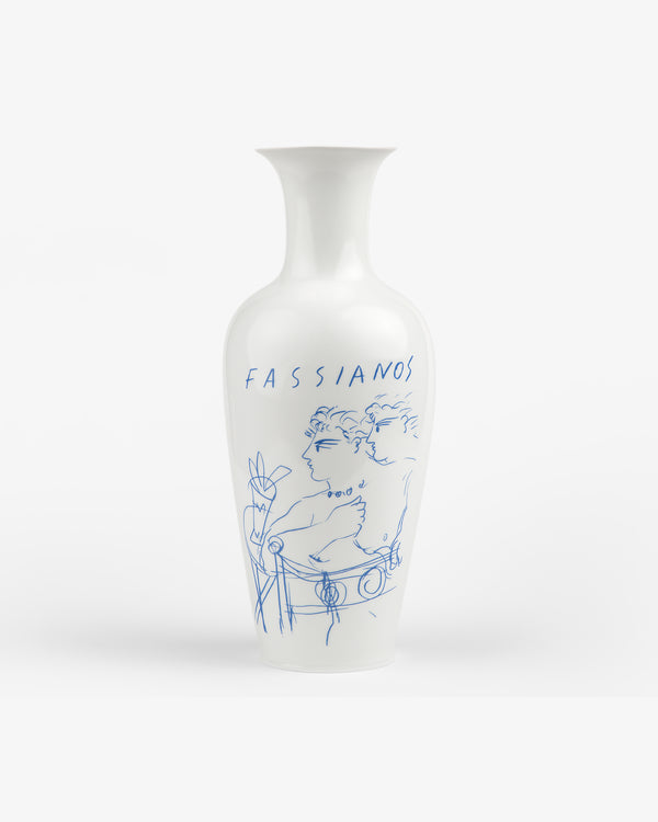 Fassianos "Rendez - Vouz" vase: white with blue line art of two figures, motifs, and FASSIANOS at the top.