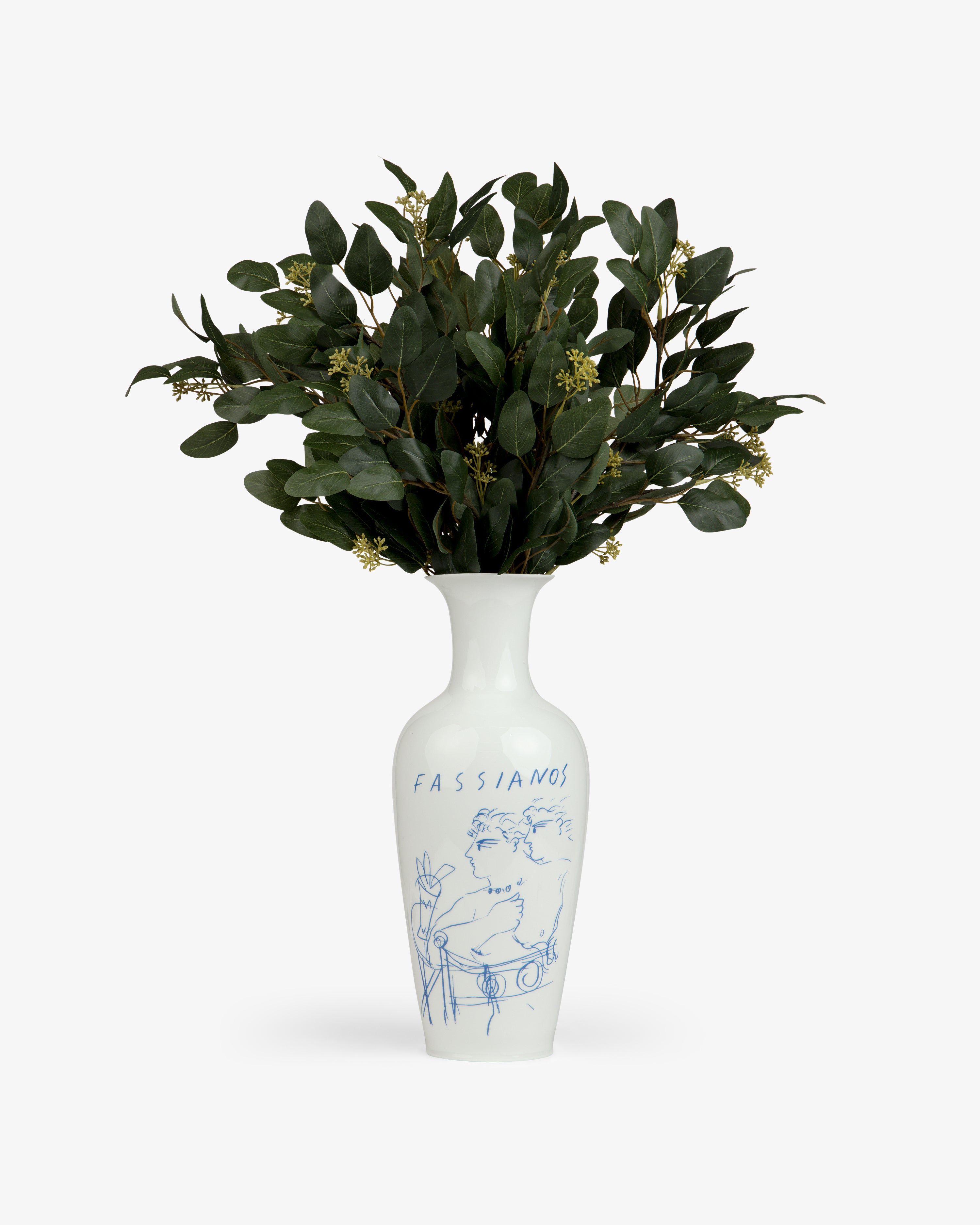 Fassianos "Rendez - Vouz" Vase with blue line art, holding green leafy branches and small white flowers.