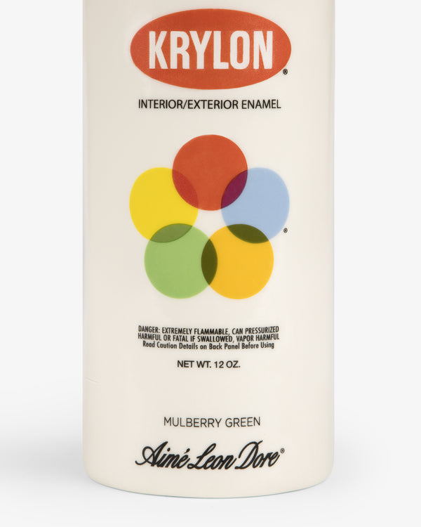 A Krylon Ceramic Spray Can Vessel with colorful circles and Aimé Leon Dore branding, labeled Mulberry Green.