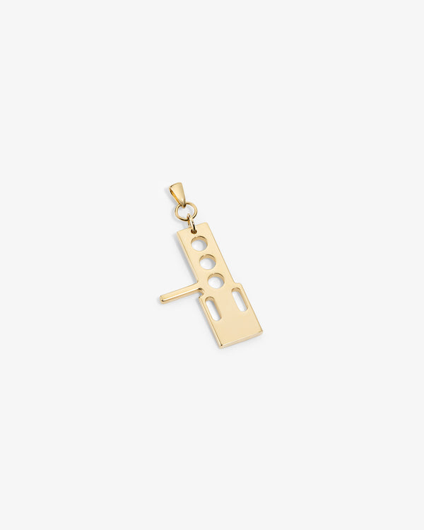 ALD / Technics 14Kt Gold Pendant shaped like a stylized gun with cutouts, shown on a white background.
