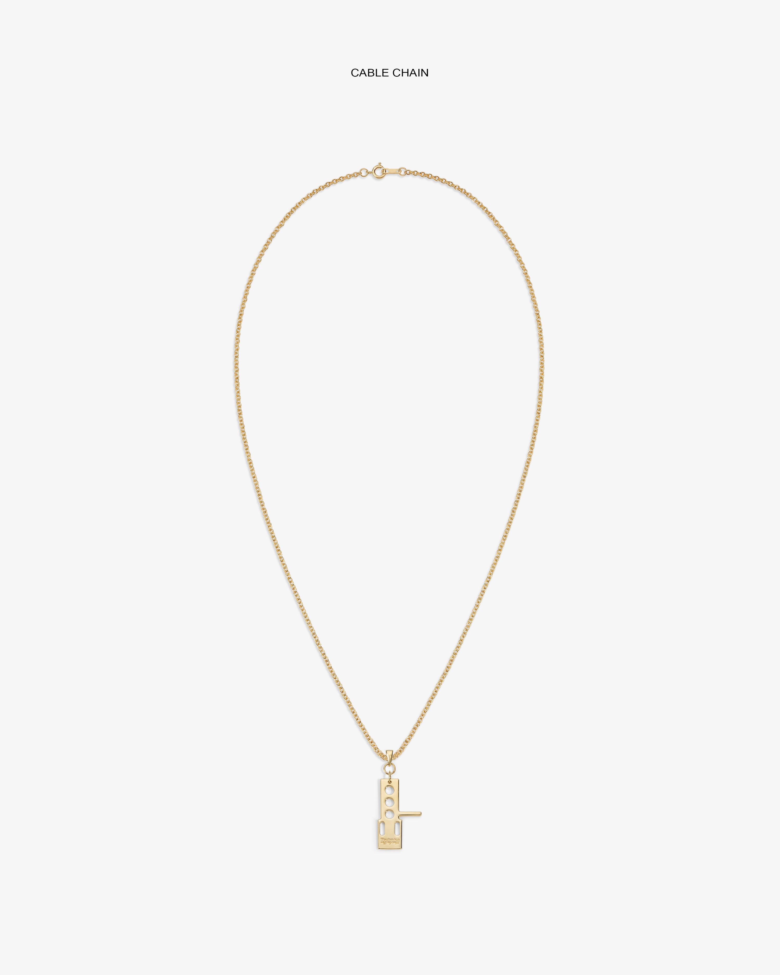 ALD / Technics 14Kt Gold Pendant cable chain necklace with a rectangular padlock, shown on white background.