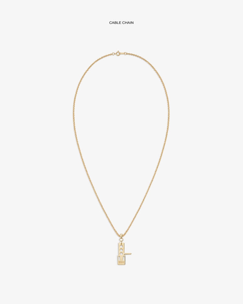 ALD / Technics 14Kt Gold Pendant cable chain necklace with a rectangular padlock, shown on white background.