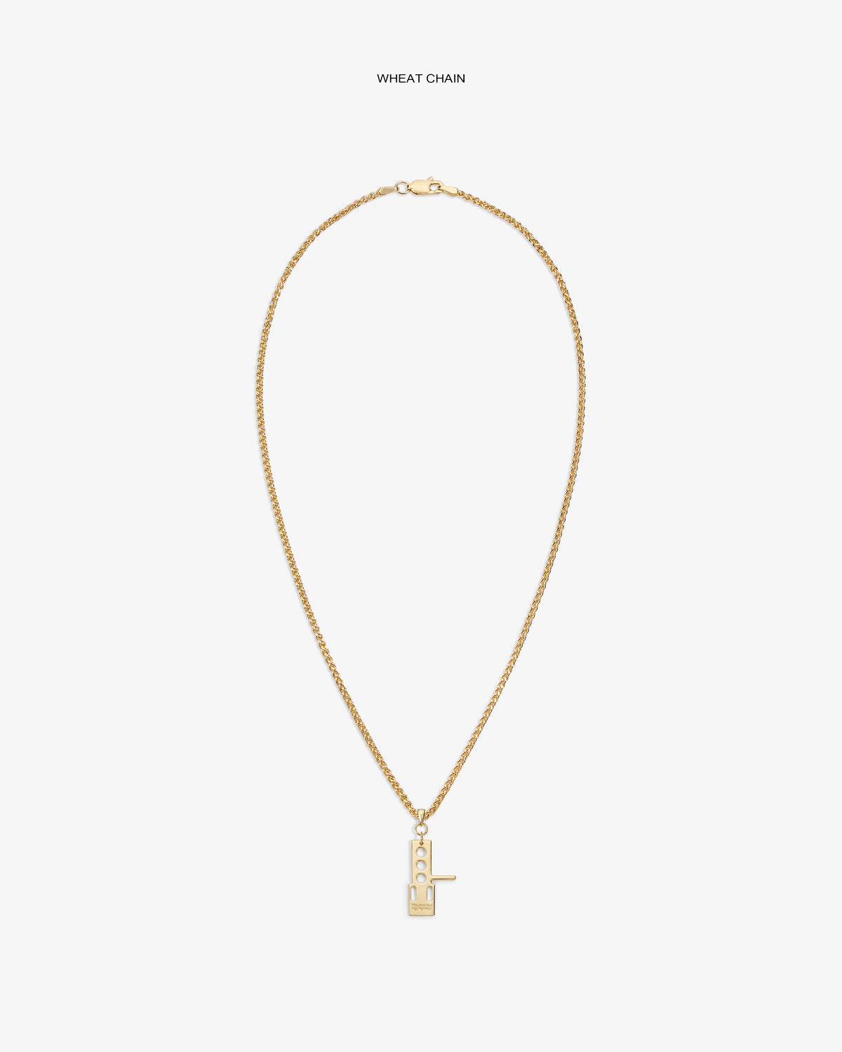 ALD / Technics 14Kt Gold Pendant: Rectangular key design on wheat chain, geometric cut-outs, white background.
