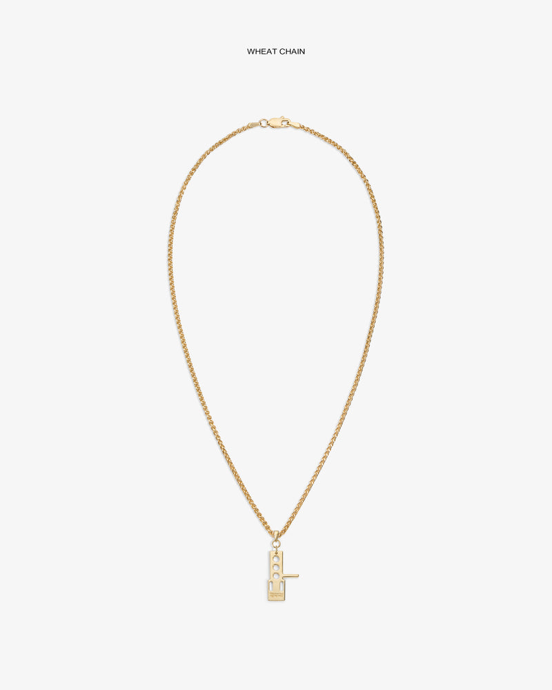 ALD / Technics 14Kt Gold Pendant: Rectangular key design on wheat chain, geometric cut-outs, white background.