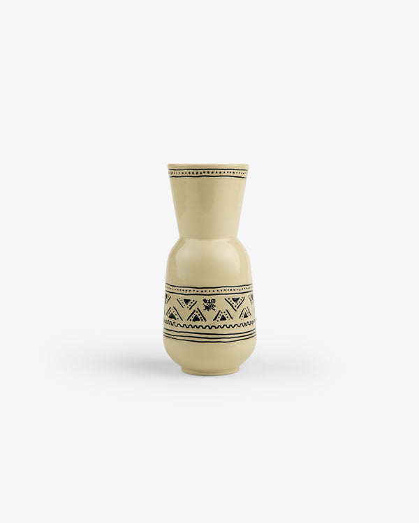 Textile Patterned Vase in beige ceramic with black geometric and floral designs on white.