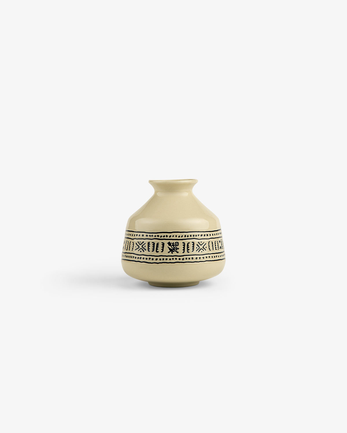 Textile Patterned Bud Vase: small beige ceramic vase with narrow neck, black geometric designs, on white background.