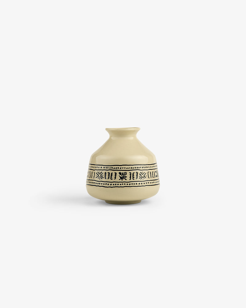 Textile Patterned Bud Vase: small beige ceramic vase with narrow neck, black geometric designs, on white background.