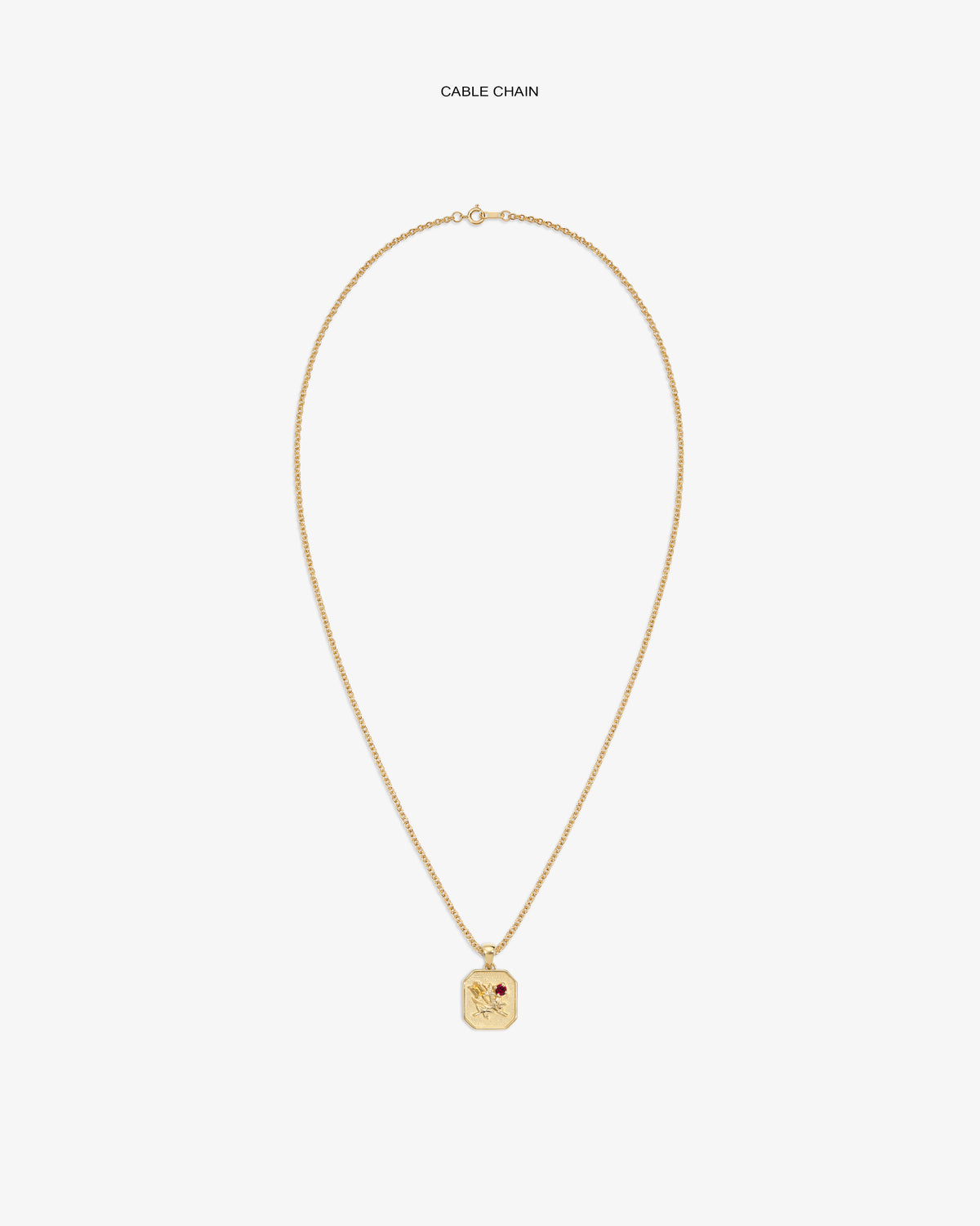 14Kt Gold Queens Crest Relief Pendant on a cable chain, featuring an engraved design and a small red stone detail.