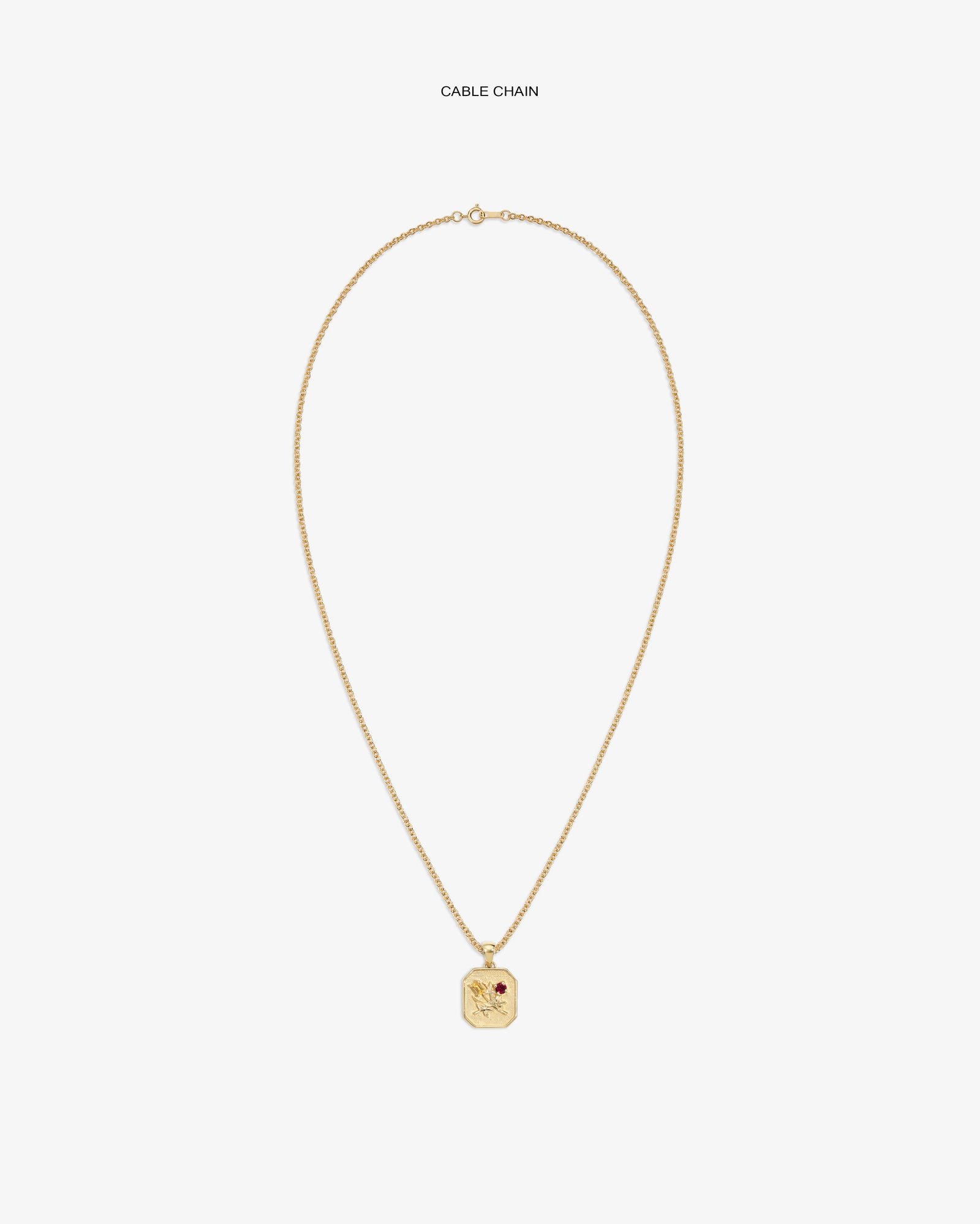 14Kt Gold Queens Crest Relief Pendant on a cable chain, featuring an engraved design and a small red stone detail.