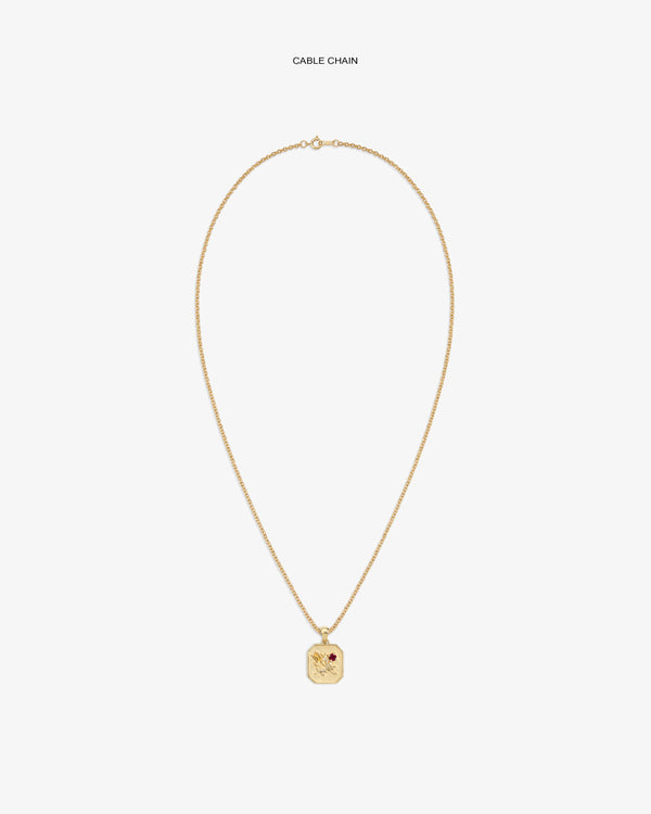 14Kt Gold Queens Crest Relief Pendant on a cable chain, featuring an engraved design and a small red stone detail.