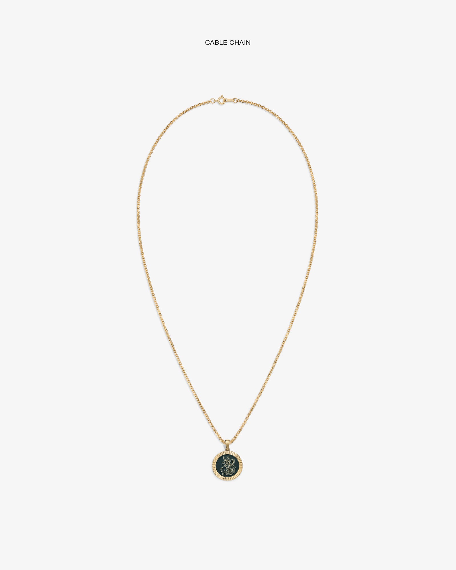 14Kt Gold Saint George Coin Pendant on a cable chain displayed against a plain white background.
