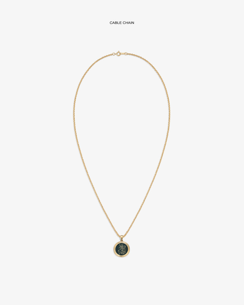 14Kt Gold Saint George Coin Pendant on a cable chain displayed against a plain white background.