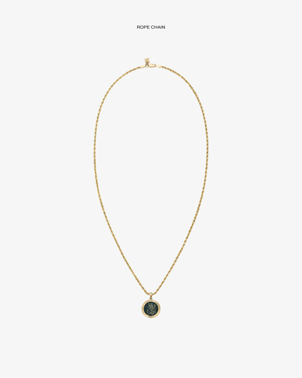 14Kt gold rope chain necklace with a Saint George coin pendant, displayed on a plain white background.