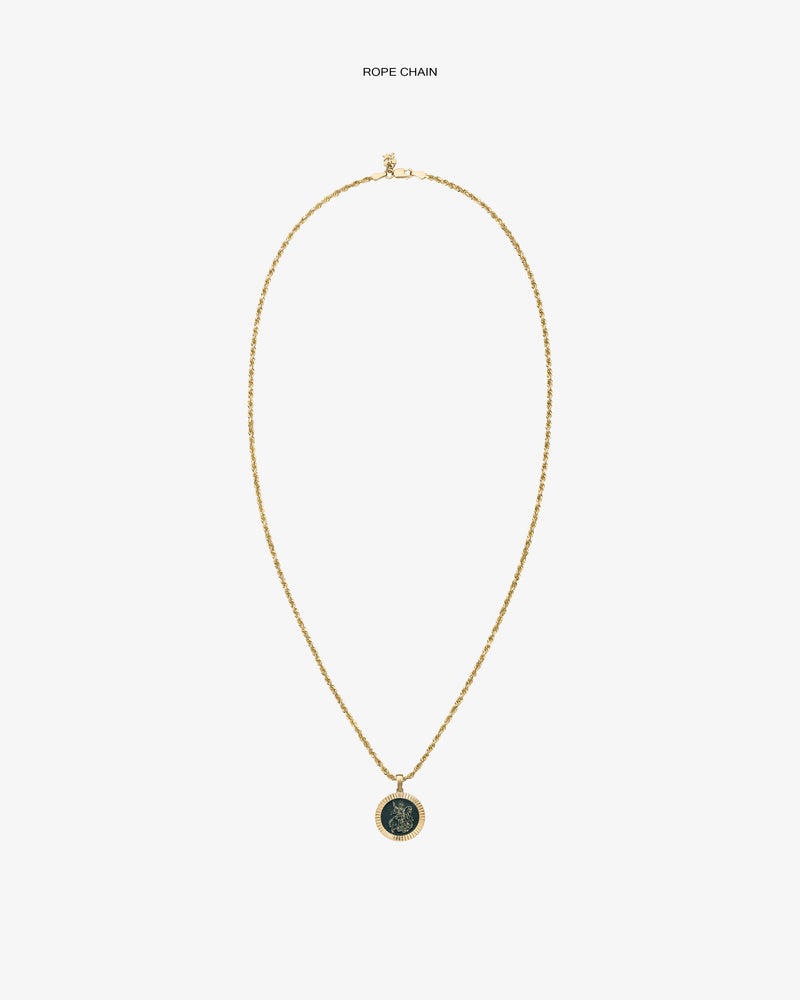 14Kt gold rope chain necklace with a Saint George coin pendant, displayed on a plain white background.