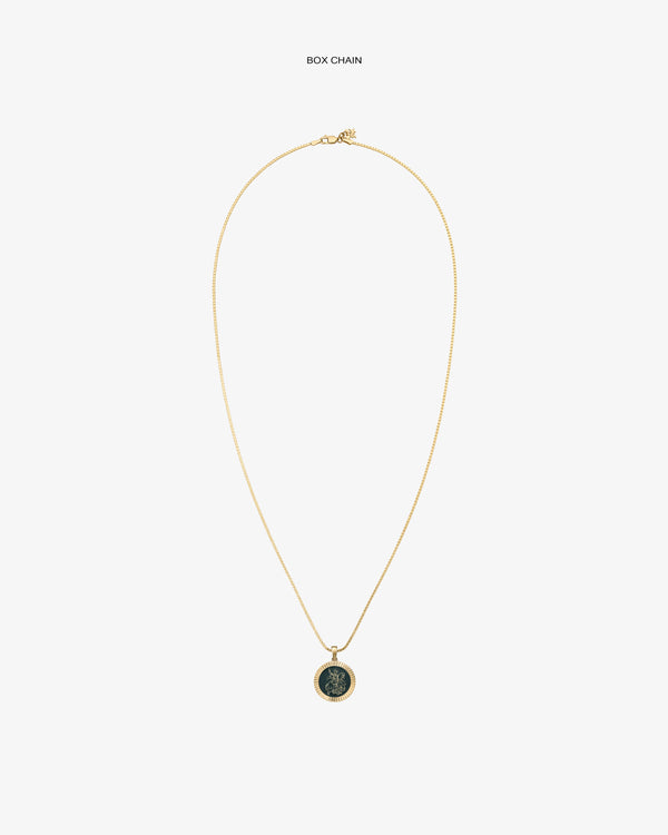 14Kt Gold Saint George Coin Pendant on a gold box chain, shown against a white background.