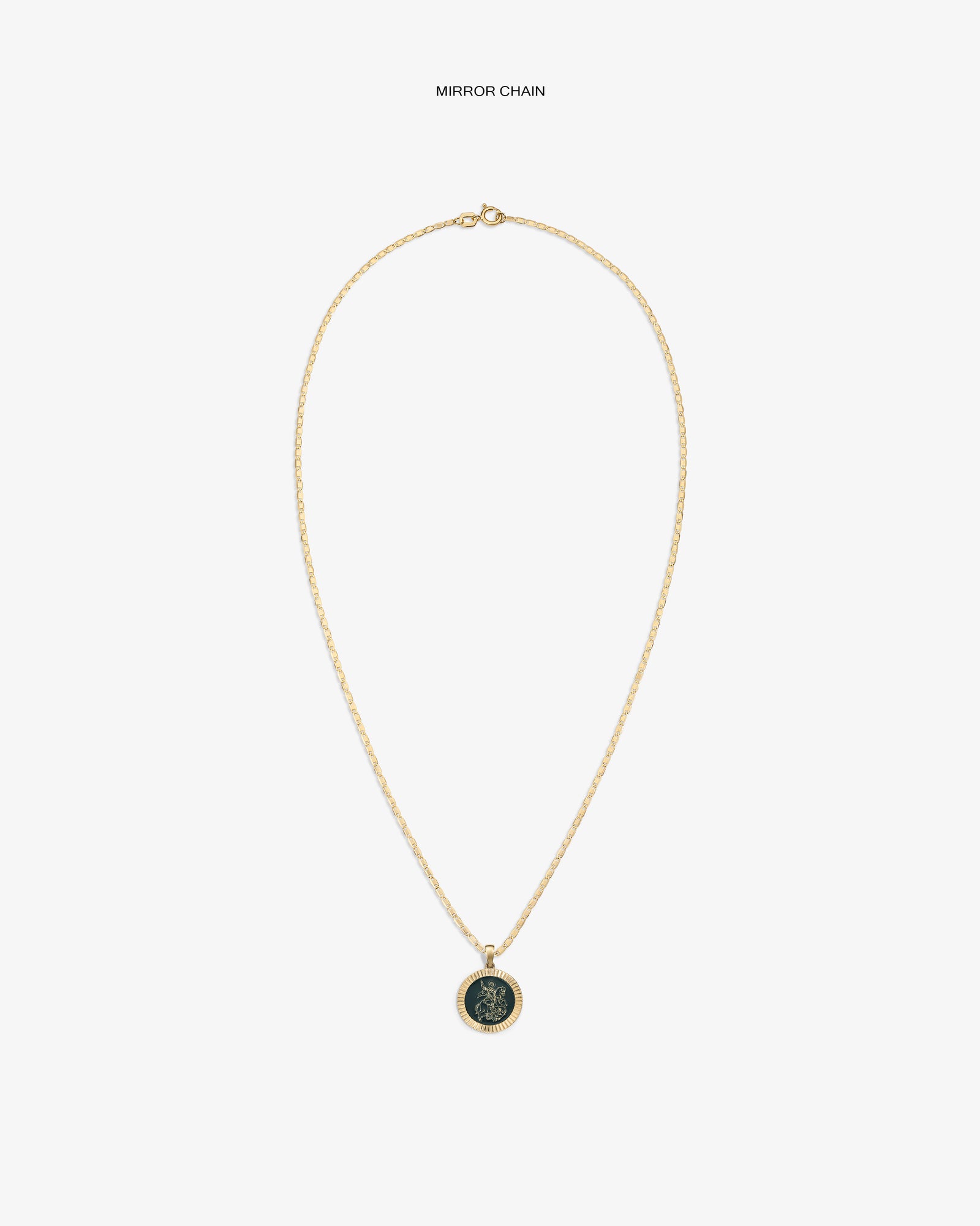 14Kt Gold Saint George Coin Pendant necklace shown on white background.