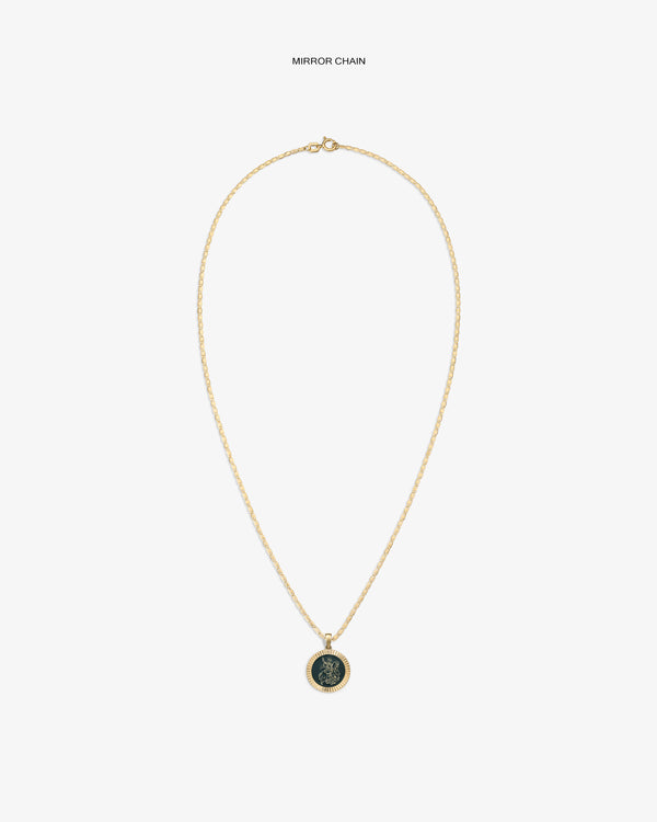 14Kt Gold Saint George Coin Pendant necklace shown on white background.