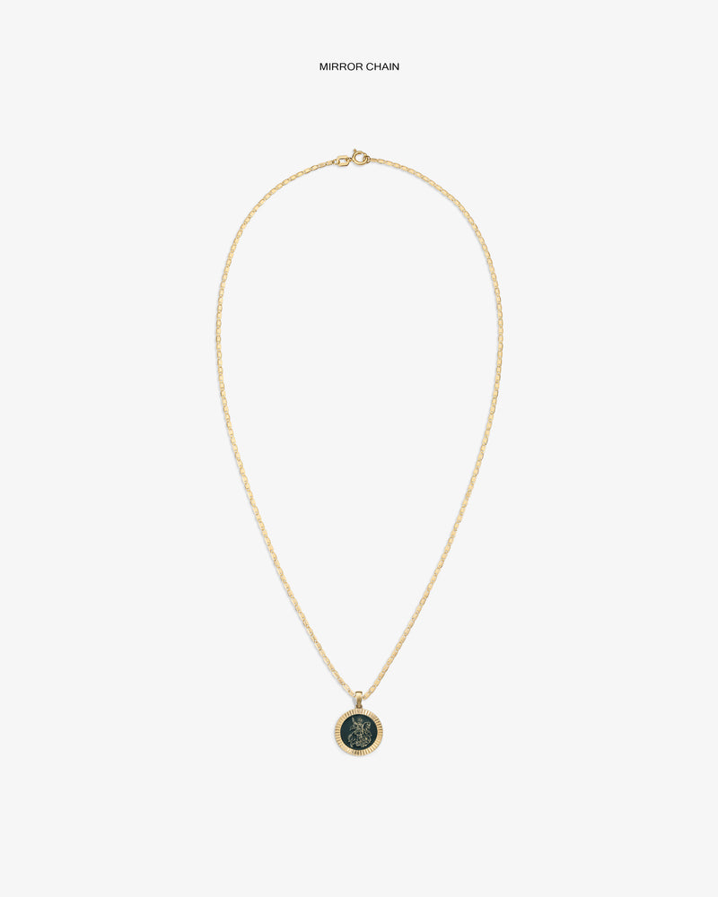 14Kt Gold Saint George Coin Pendant necklace shown on white background.