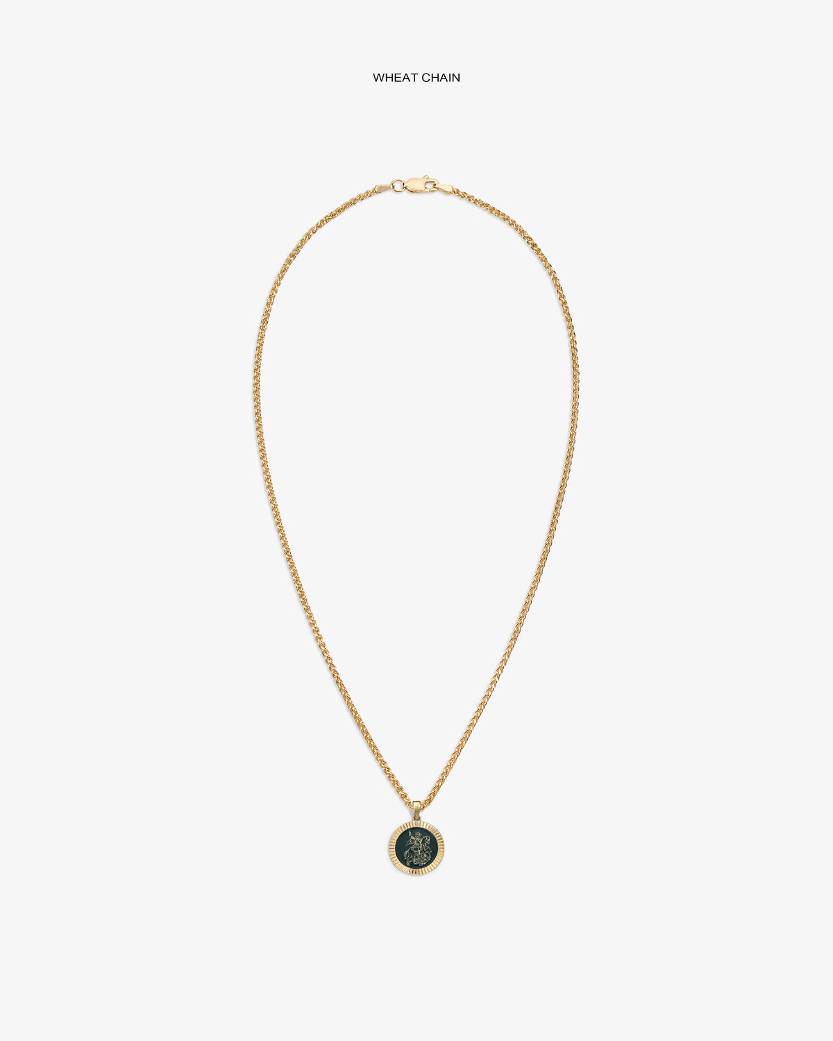 14Kt Gold Saint George Coin Pendant on a gold wheat chain, displayed against a white background.