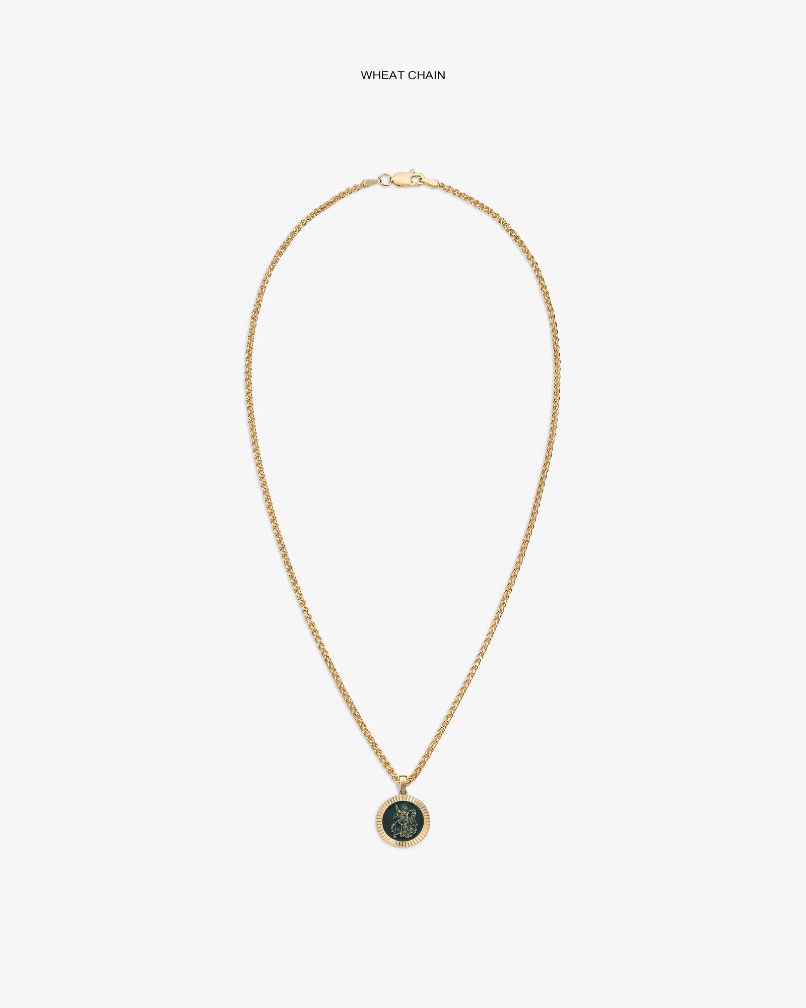 14Kt Gold Saint George Coin Pendant on a gold wheat chain, displayed against a white background.