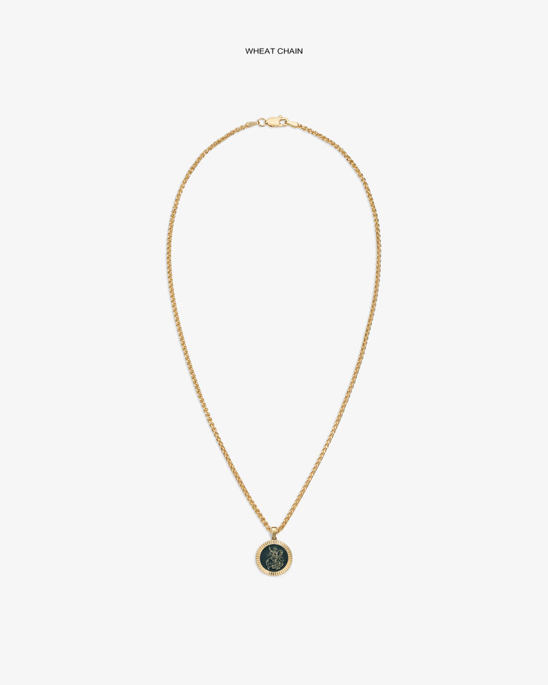14Kt Gold Saint George Coin Pendant on a gold wheat chain, displayed against a white background.