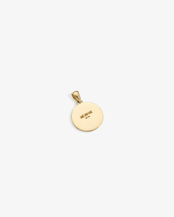 14Kt Gold Hera Pendant with a small bail, engraved "MADE WITH LOVE" in the center on a plain white background.