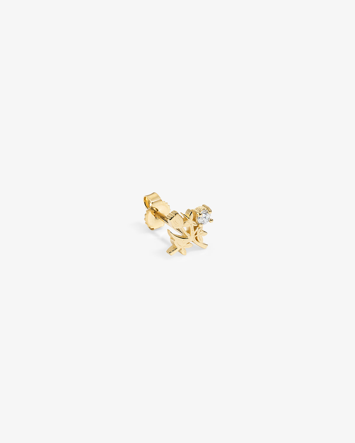 14Kt Gold Diamond Crest Earring: single gold stud shaped like a leaf with a small round diamond on a white background.