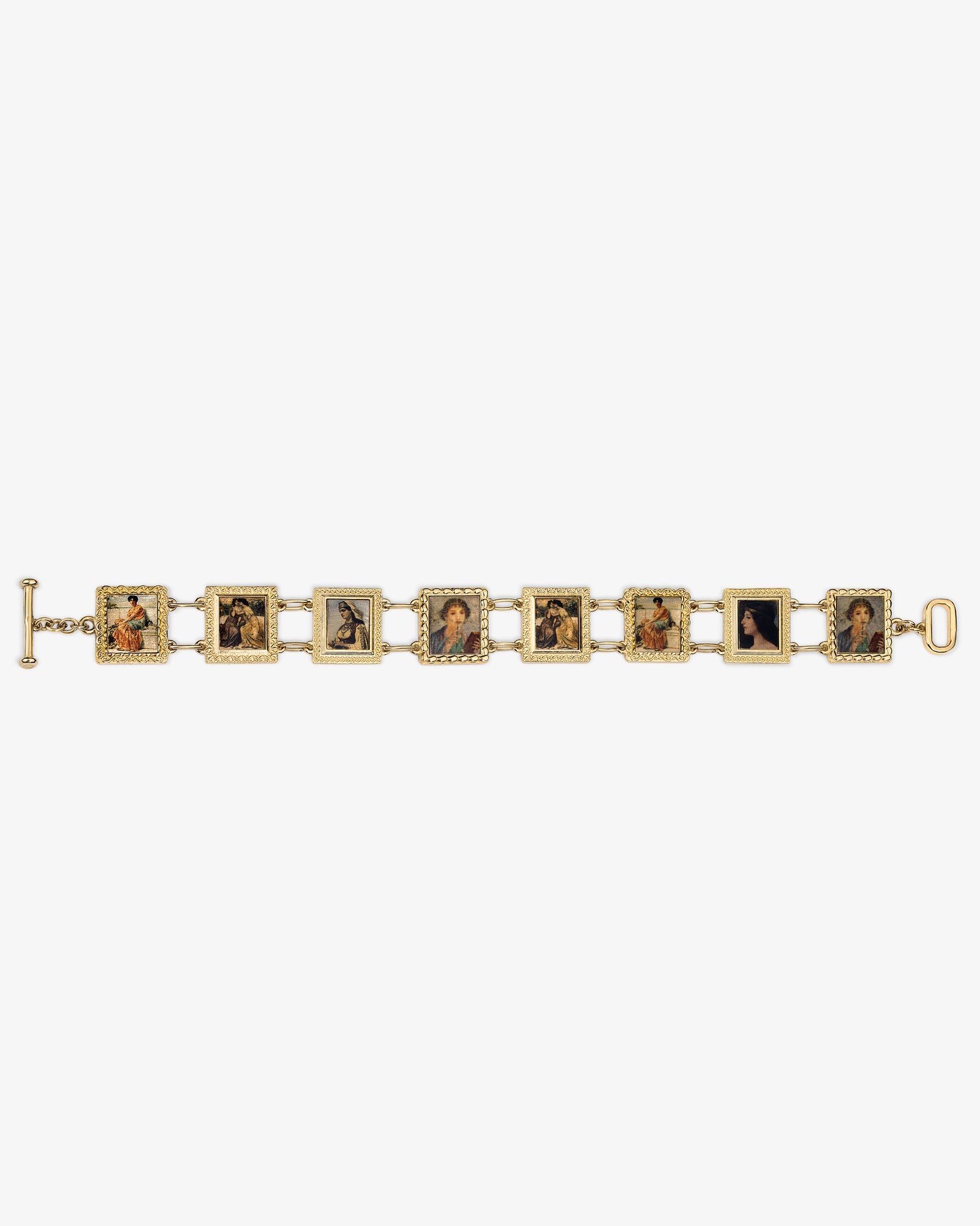 14Kt Gold Portrait Link Bracelet with rectangular links, each showcasing a woman's painted portrait and decorative borders.