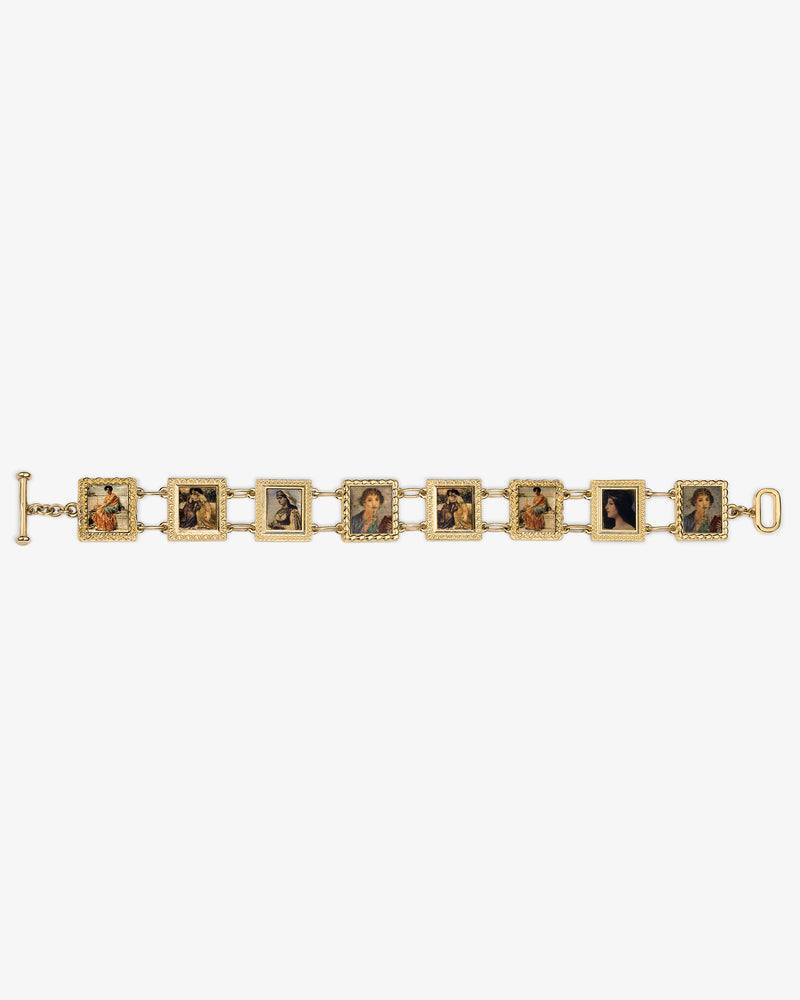 14Kt Gold Portrait Link Bracelet with rectangular links, each showcasing a woman's painted portrait and decorative borders.