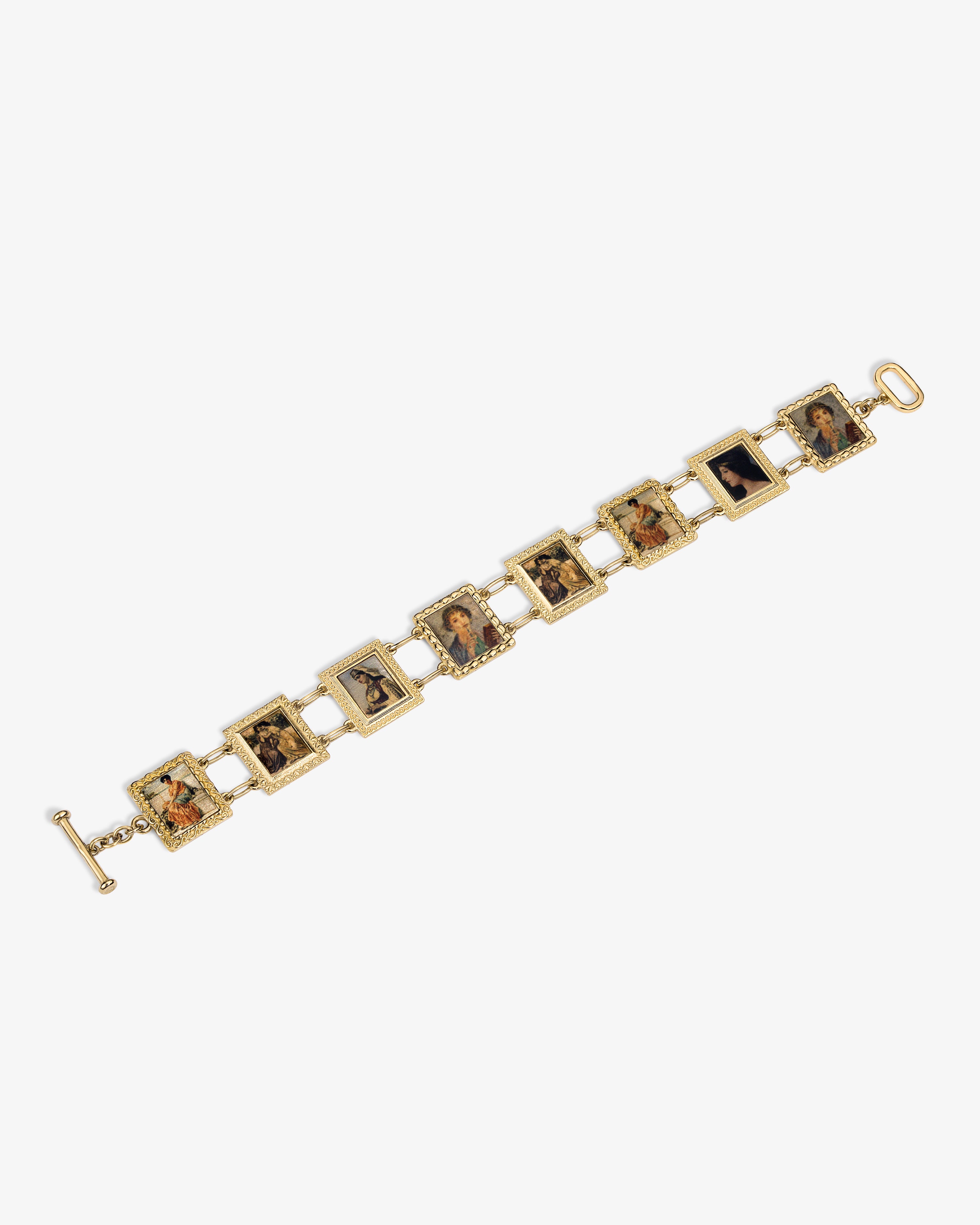 14Kt Gold Portrait Link Bracelet with vintage images in each rectangular frame, displayed on a white background.