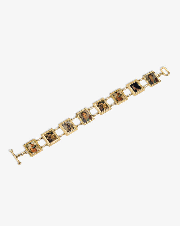 14Kt Gold Portrait Link Bracelet with vintage images in each rectangular frame, displayed on a white background.